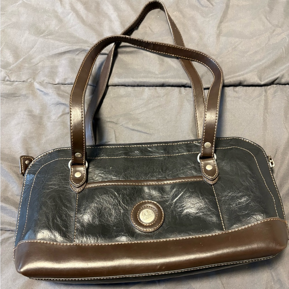 Mouflon Shoulder Bag Two Tone Brown Black Leather Purse Handbag